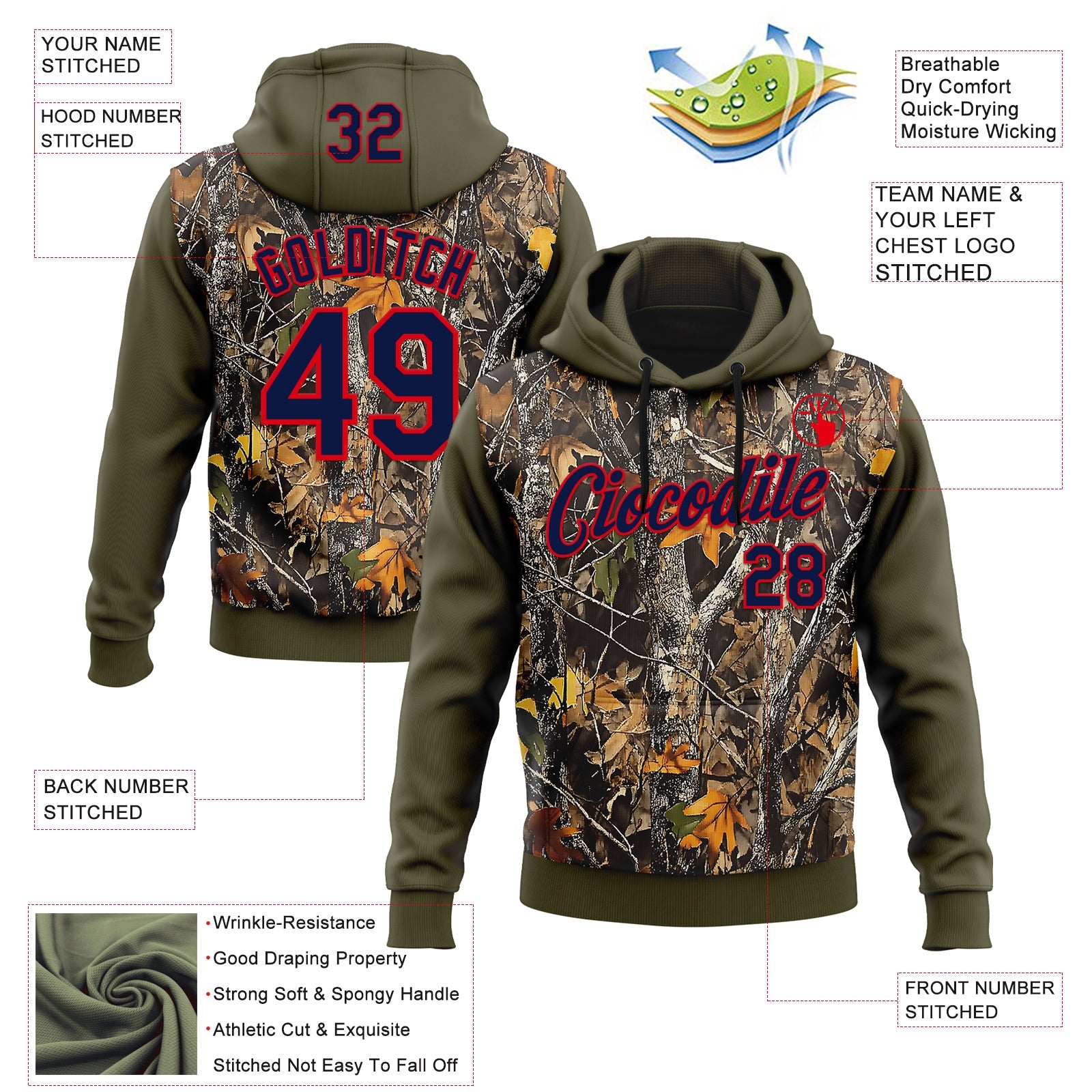 Custom Stitched Olive Navy-Fire Red 3D Pattern Design Tree Camo Hunting Sports Pullover Sweatshirt Salute To Service Hoodie view 2