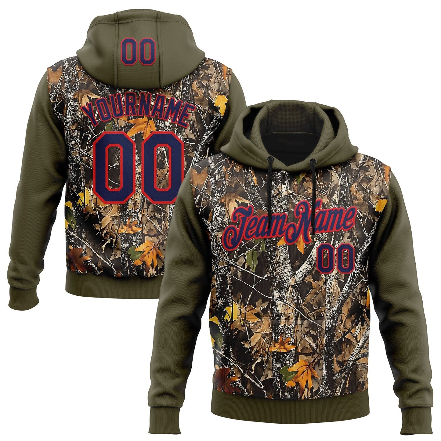 Custom Stitched Olive Navy-Fire Red 3D Pattern Design Tree Camo Hunting Sports Pullover Sweatshirt Salute To Service Hoodie - Main View