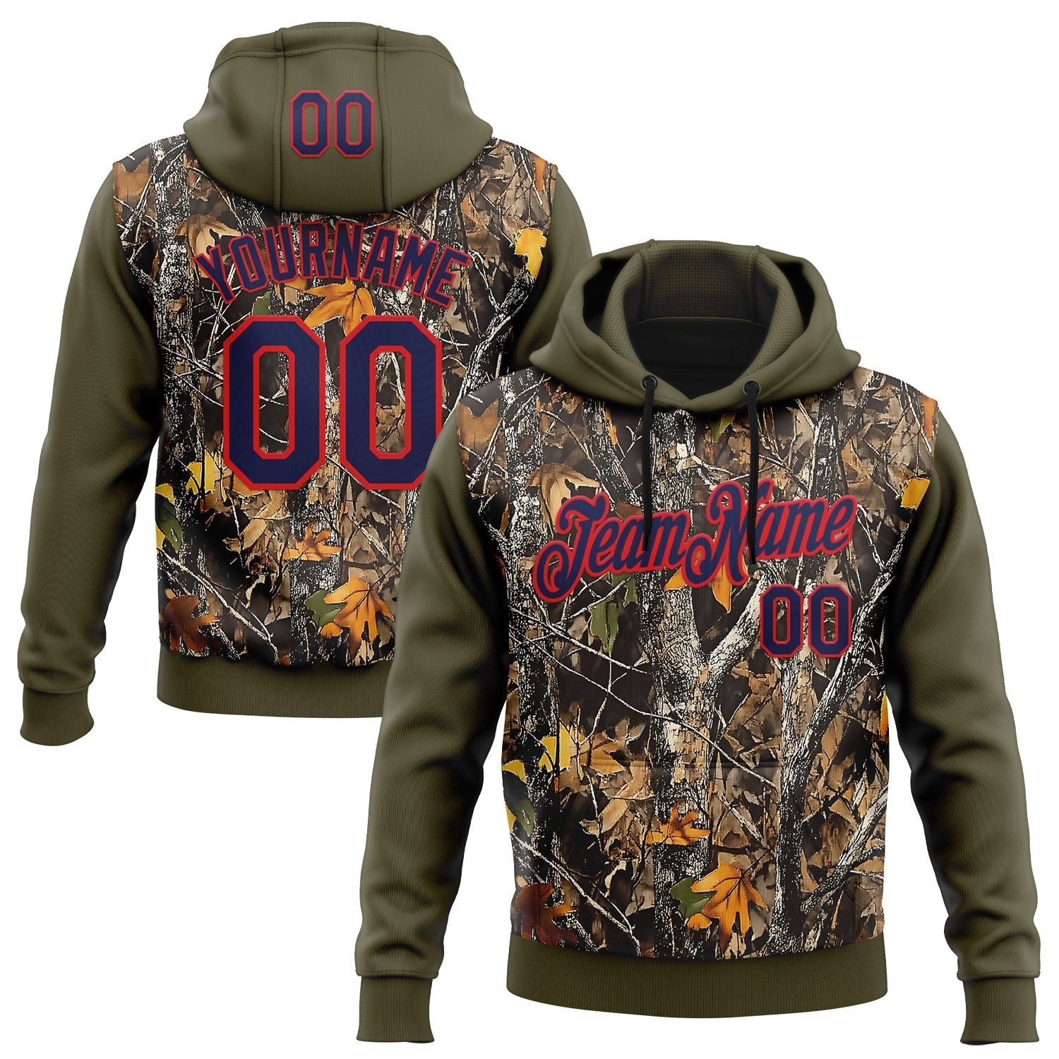 Custom Stitched Olive Navy-Fire Red 3D Pattern Design Tree Camo Hunting Sports Pullover Sweatshirt Salute To Service Hoodie - Main View