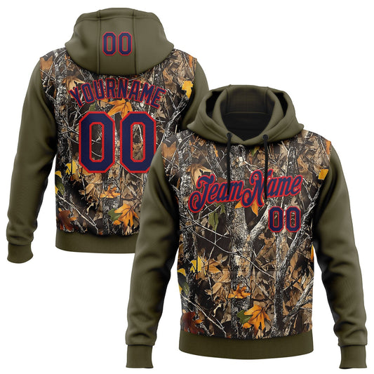 Custom Stitched Olive Navy-Fire Red 3D Pattern Design Tree Camo Hunting Sports Pullover Sweatshirt Salute To Service Hoodie - Main View