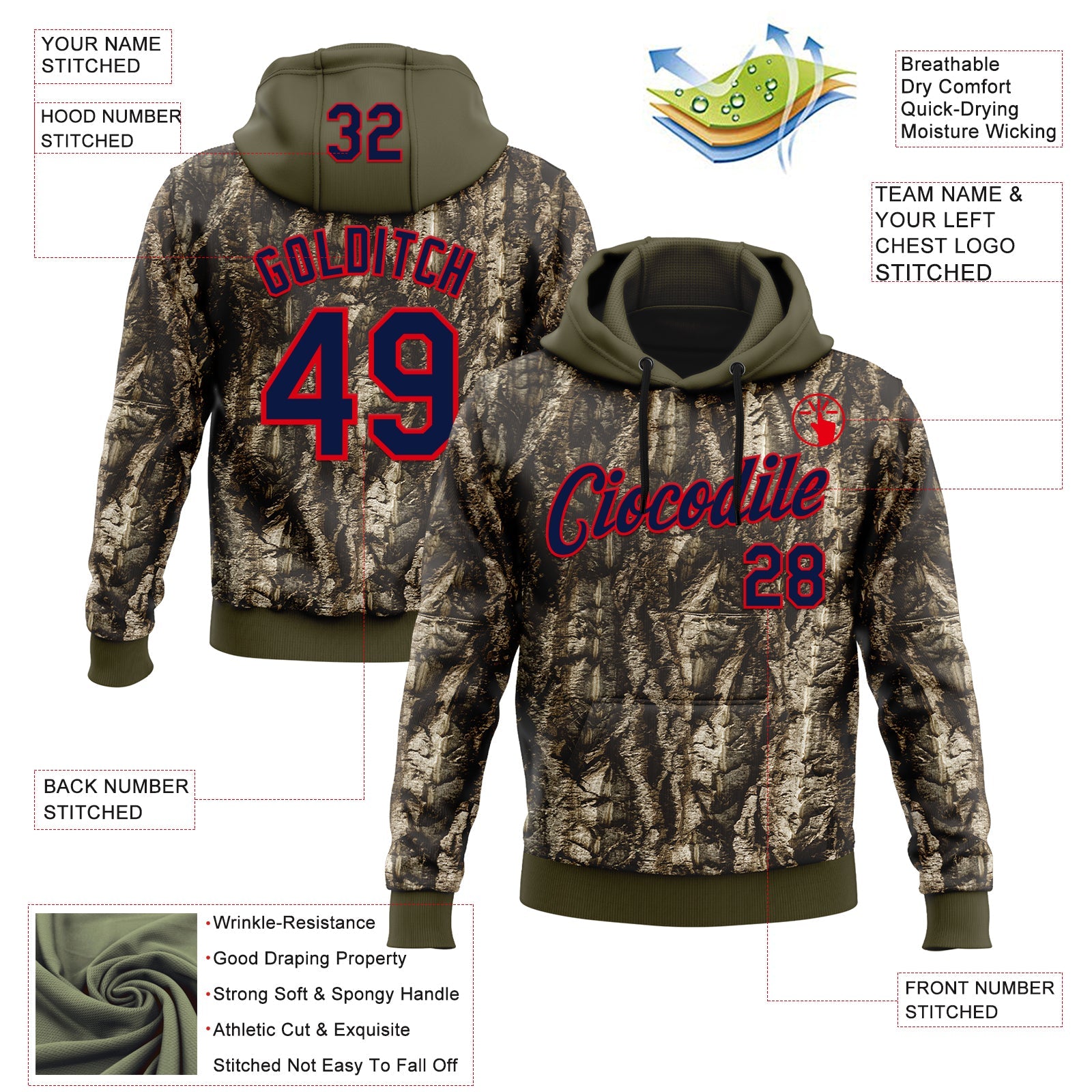 Custom Stitched Olive Navy-Fire Red 3D Pattern Design Tree Camo Hunting Sports Pullover Sweatshirt Salute To Service Hoodie view 2