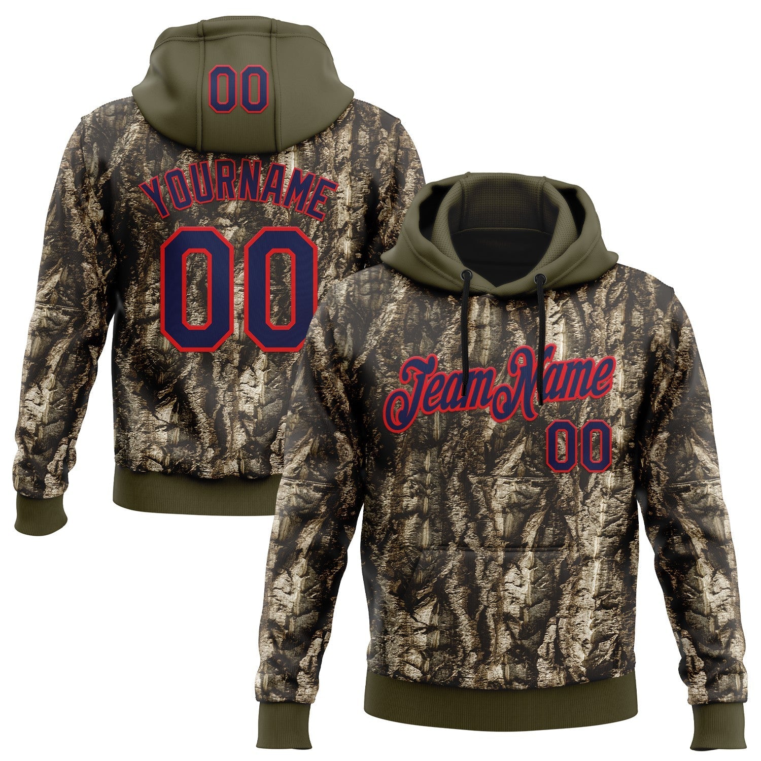Custom Stitched Olive Navy-Fire Red 3D Pattern Design Tree Camo Hunting Sports Pullover Sweatshirt Salute To Service Hoodie - Main View