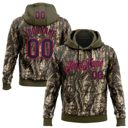 Custom Stitched Olive Navy-Fire Red 3D Pattern Design Tree Camo Hunting Sports Pullover Sweatshirt Salute To Service Hoodie - Main View