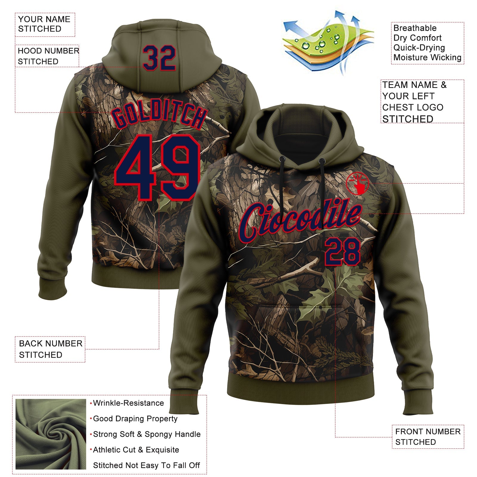 Custom Stitched Olive Navy-Fire Red 3D Pattern Design Tree Camo Hunting Sports Pullover Sweatshirt Salute To Service Hoodie view 2