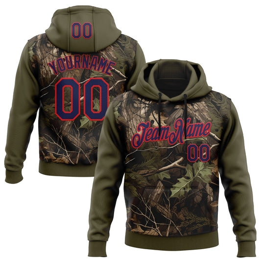 Custom Stitched Olive Navy-Fire Red 3D Pattern Design Tree Camo Hunting Sports Pullover Sweatshirt Salute To Service Hoodie - Main View