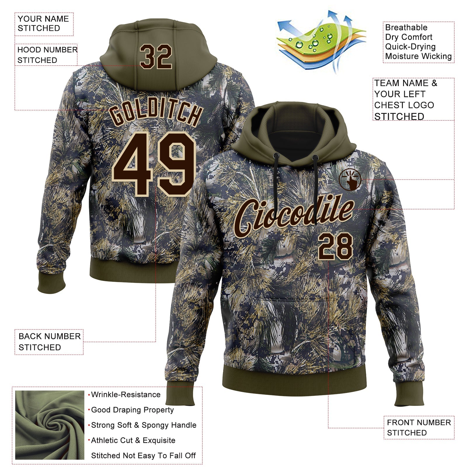 Custom Stitched Olive Brown-Cream 3D Pattern Design Tree Camo Hunting Sports Pullover Sweatshirt Salute To Service Hoodie view 2