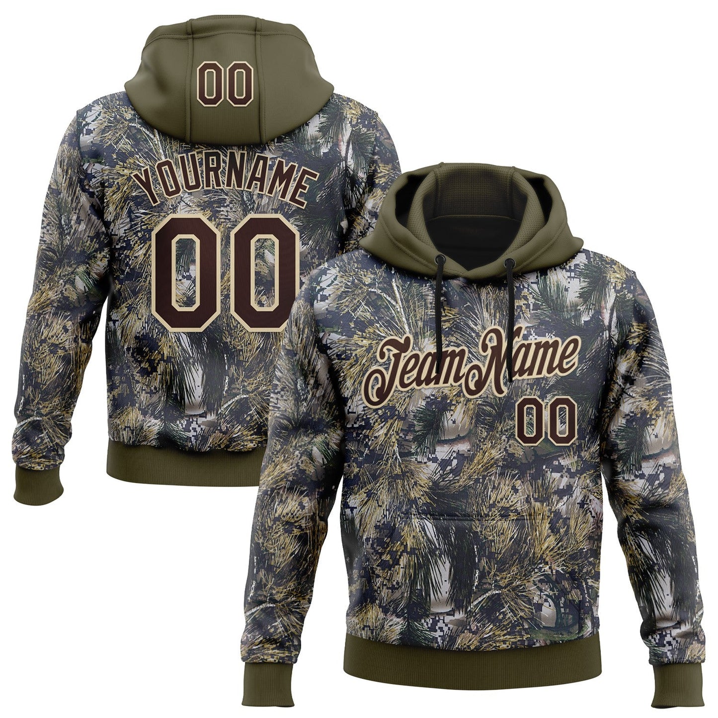 Custom Stitched Olive Brown-Cream 3D Pattern Design Tree Camo Hunting Sports Pullover Sweatshirt Salute To Service Hoodie - Main View