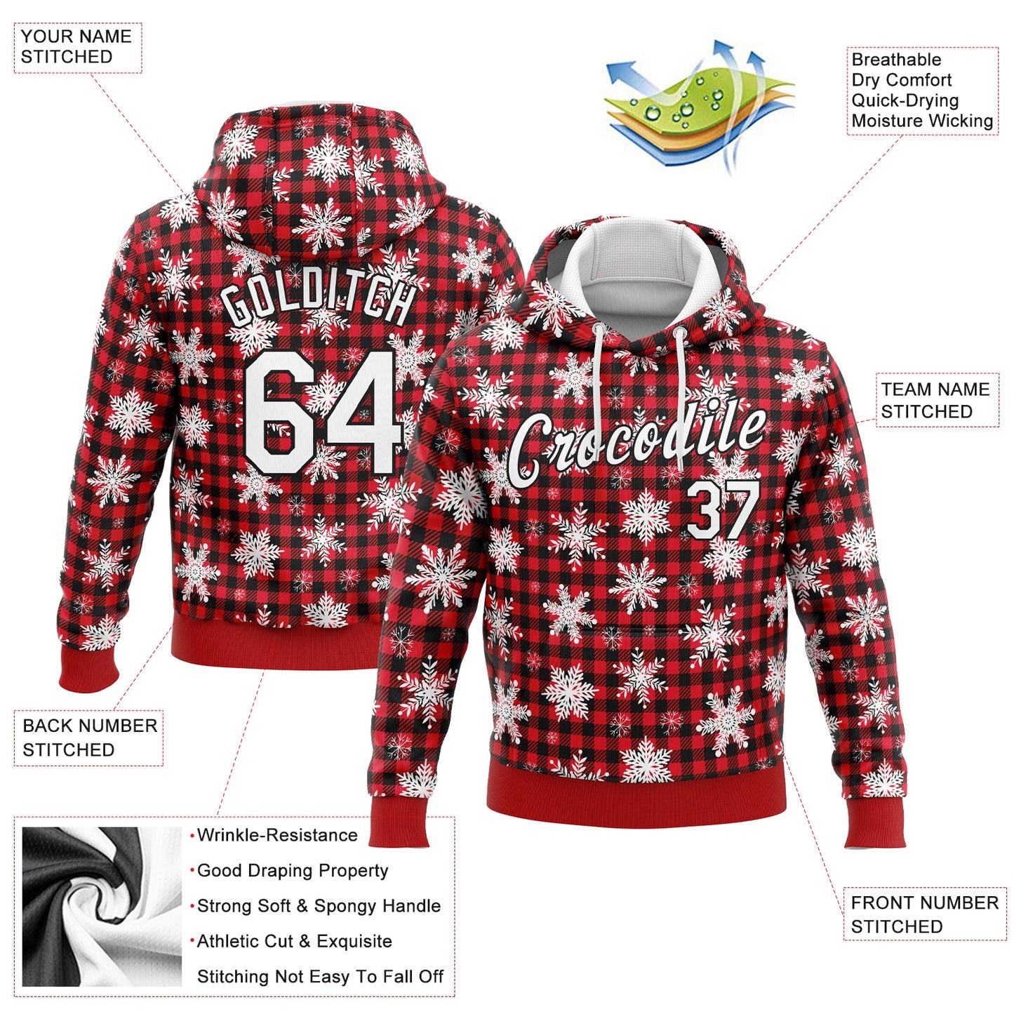 Custom Stitched Red White-Black 3D Christmas Plaid And Snow Sports Pullover Sweatshirt Hoodie view 2