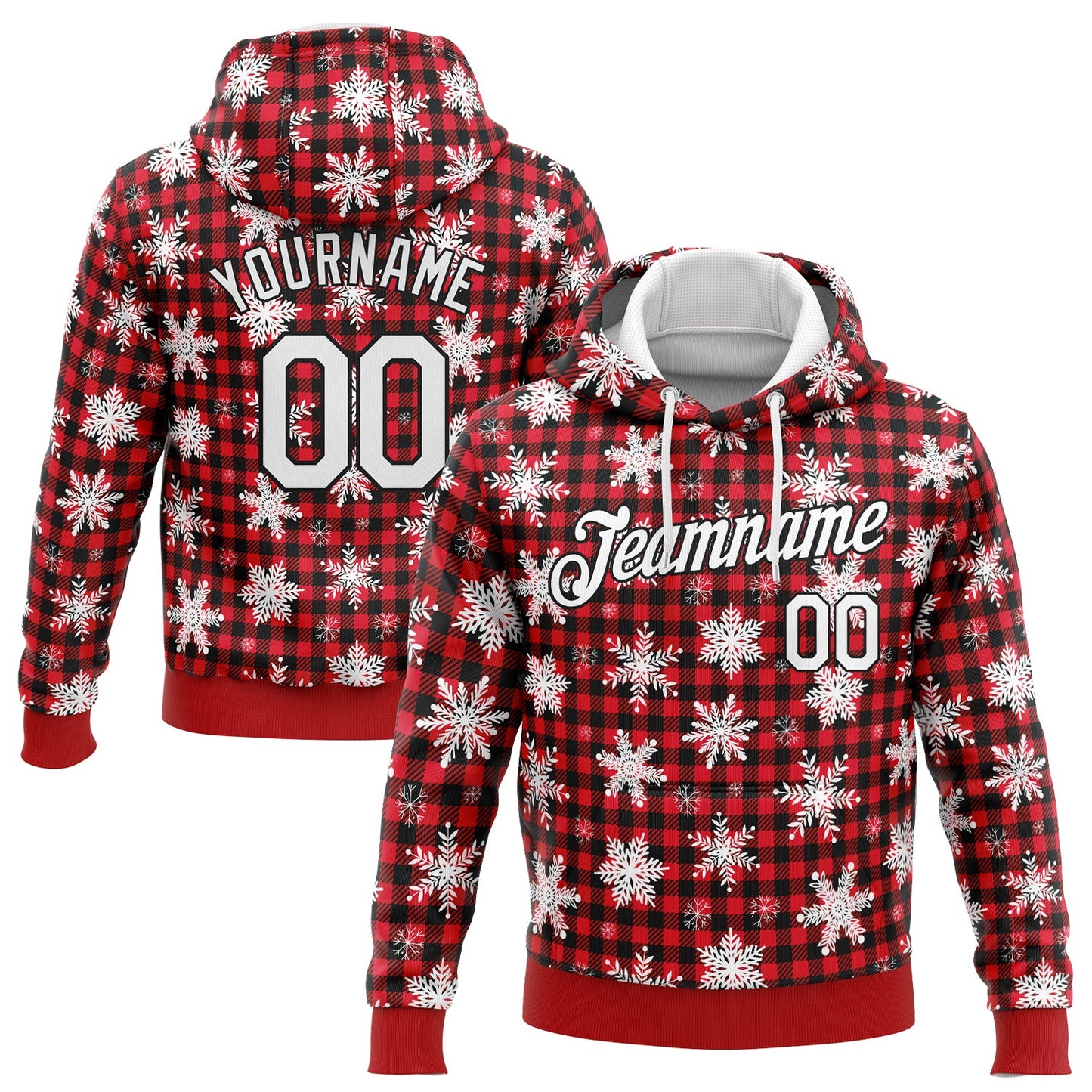 Custom Stitched Red White-Black 3D Christmas Plaid And Snow Sports Pullover Sweatshirt Hoodie - Main View