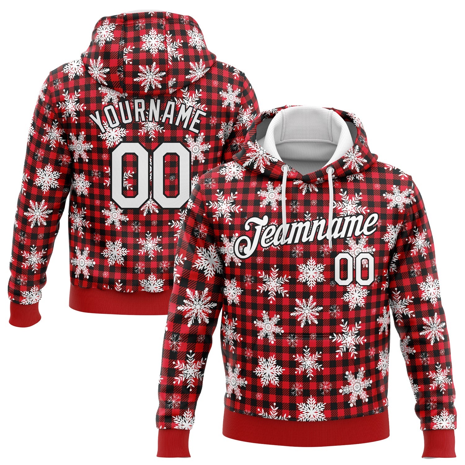 Custom Stitched Red White-Black 3D Christmas Plaid And Snow Sports Pullover Sweatshirt Hoodie - Main View