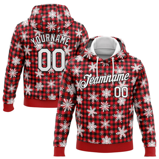 Custom Stitched Red White-Black 3D Christmas Plaid And Snow Sports Pullover Sweatshirt Hoodie - Main View