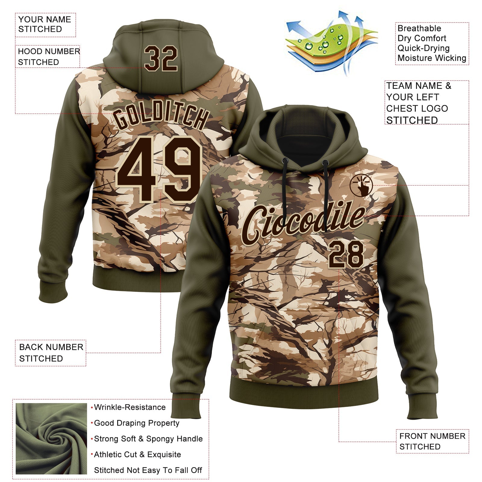 Custom Stitched Olive Brown-Cream 3D Pattern Design Tree Camo Hunting Sports Pullover Sweatshirt Salute To Service Hoodie view 2
