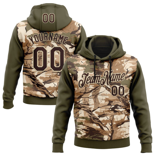 Custom Stitched Olive Brown-Cream 3D Pattern Design Tree Camo Hunting Sports Pullover Sweatshirt Salute To Service Hoodie - Main View