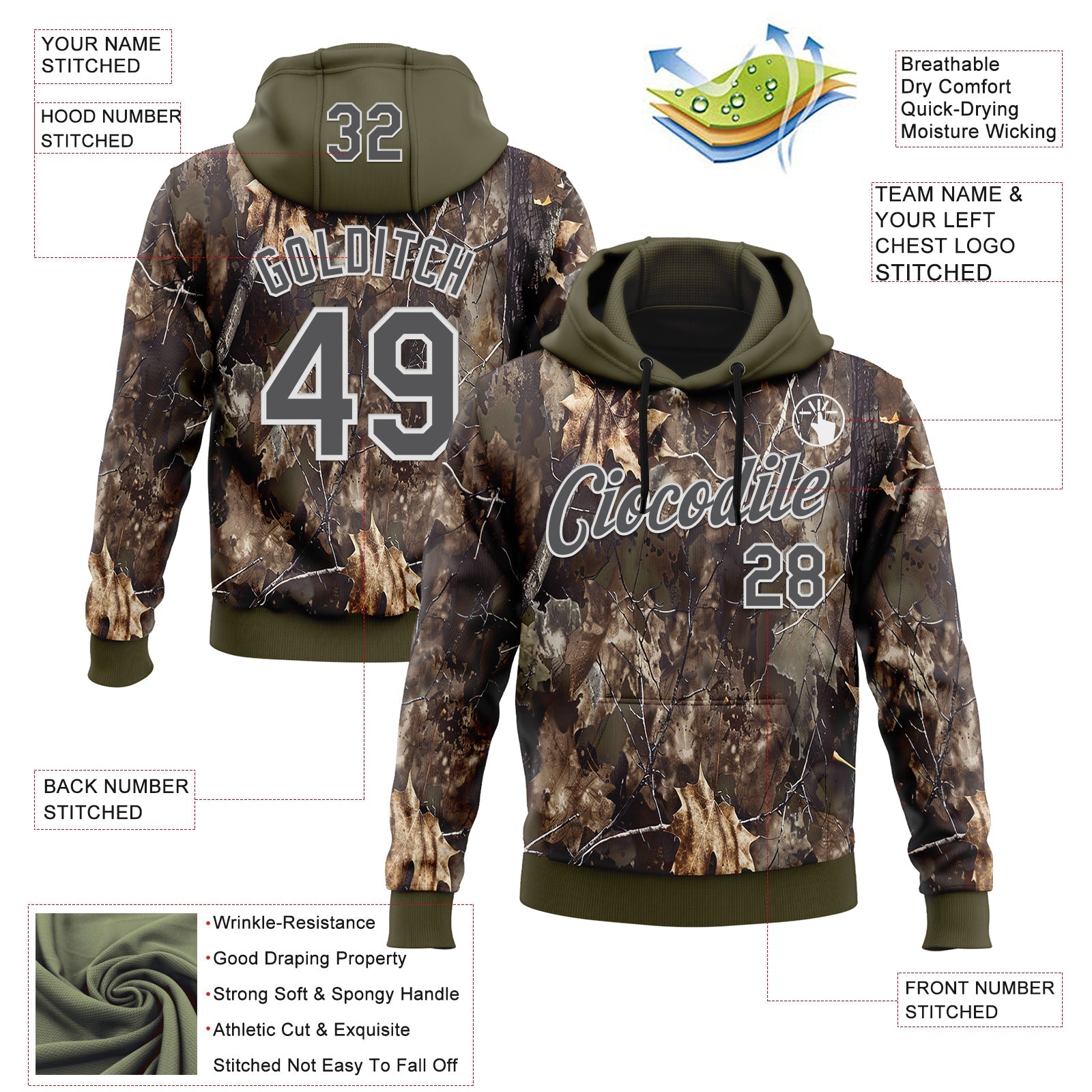 Custom Stitched Olive Steel Gray-White 3D Pattern Design Tree Camo Hunting Sports Pullover Sweatshirt Salute To Service Hoodie view 2
