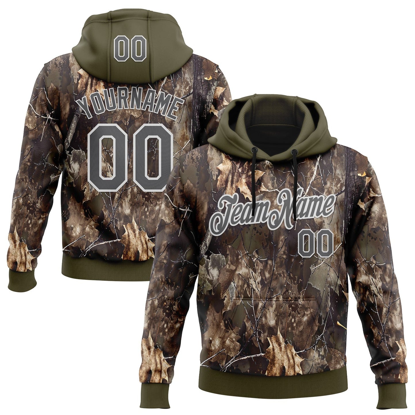 Custom Stitched Olive Steel Gray-White 3D Pattern Design Tree Camo Hunting Sports Pullover Sweatshirt Salute To Service Hoodie - Main View
