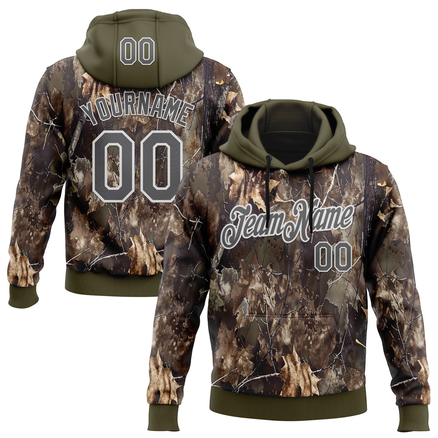 Custom Stitched Olive Steel Gray-White 3D Pattern Design Tree Camo Hunting Sports Pullover Sweatshirt Salute To Service Hoodie - Main View