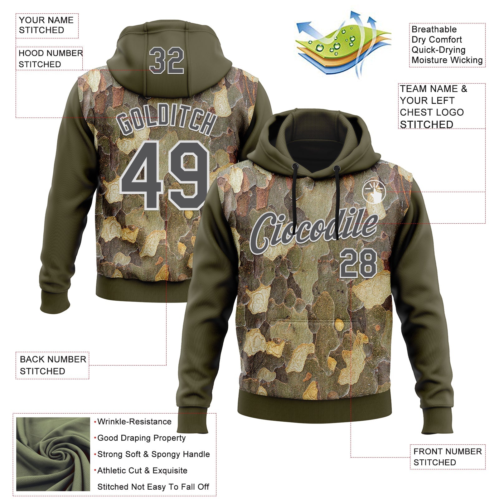 Custom Stitched Olive Steel Gray-White 3D Pattern Design Tree Camo Hunting Sports Pullover Sweatshirt Salute To Service Hoodie view 2