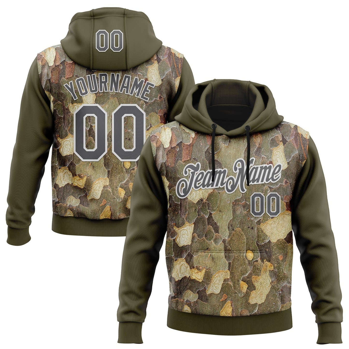 Custom Stitched Olive Steel Gray-White 3D Pattern Design Tree Camo Hunting Sports Pullover Sweatshirt Salute To Service Hoodie - Main View