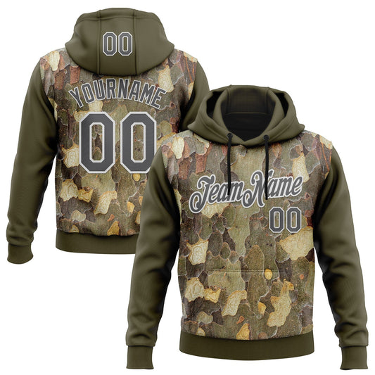 Custom Stitched Olive Steel Gray-White 3D Pattern Design Tree Camo Hunting Sports Pullover Sweatshirt Salute To Service Hoodie - Main View