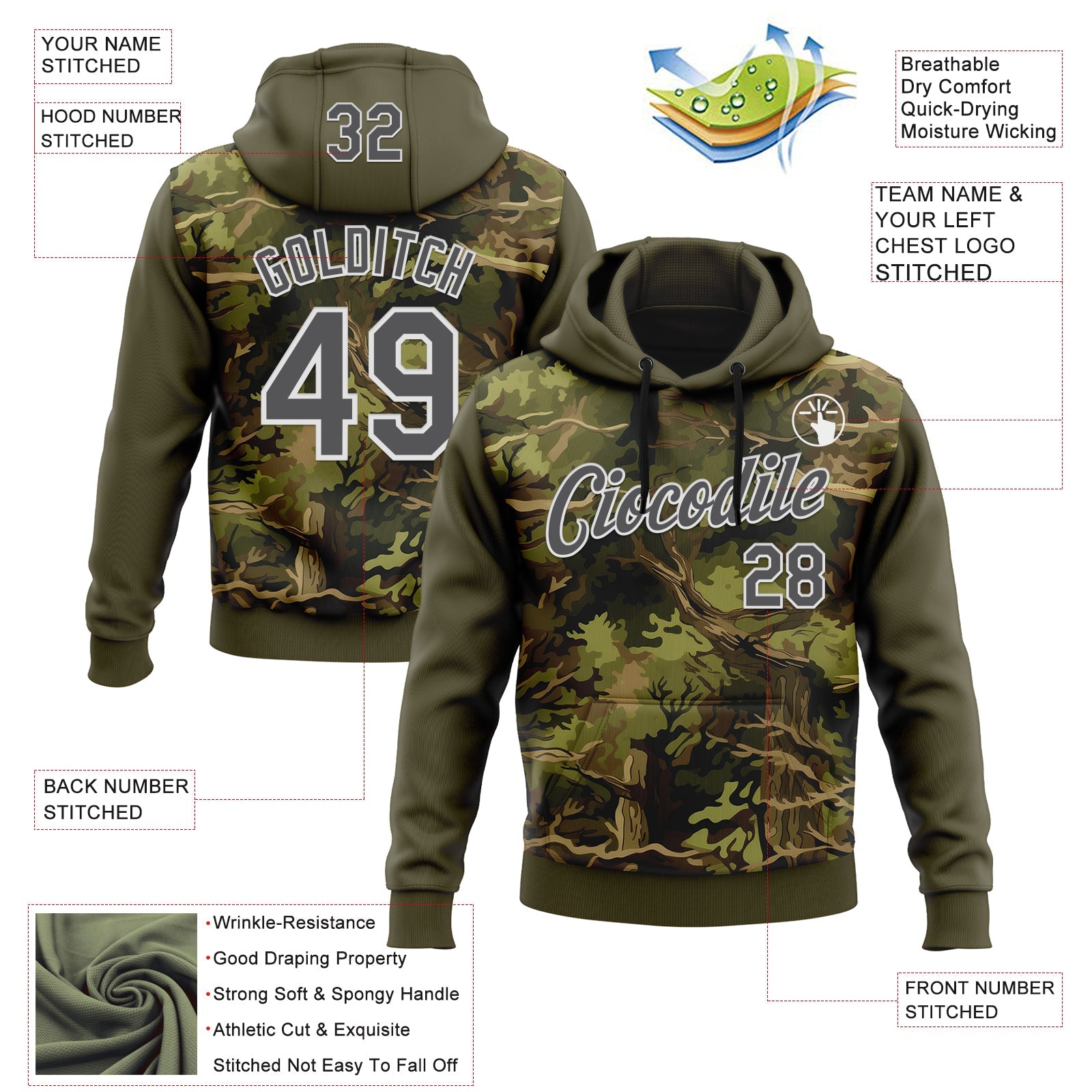 Custom Stitched Olive Steel Gray-White 3D Pattern Design Tree Camo Hunting Sports Pullover Sweatshirt Salute To Service Hoodie view 2