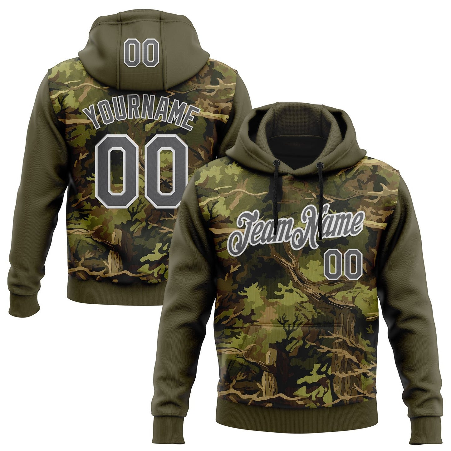Custom Stitched Olive Steel Gray-White 3D Pattern Design Tree Camo Hunting Sports Pullover Sweatshirt Salute To Service Hoodie - Main View