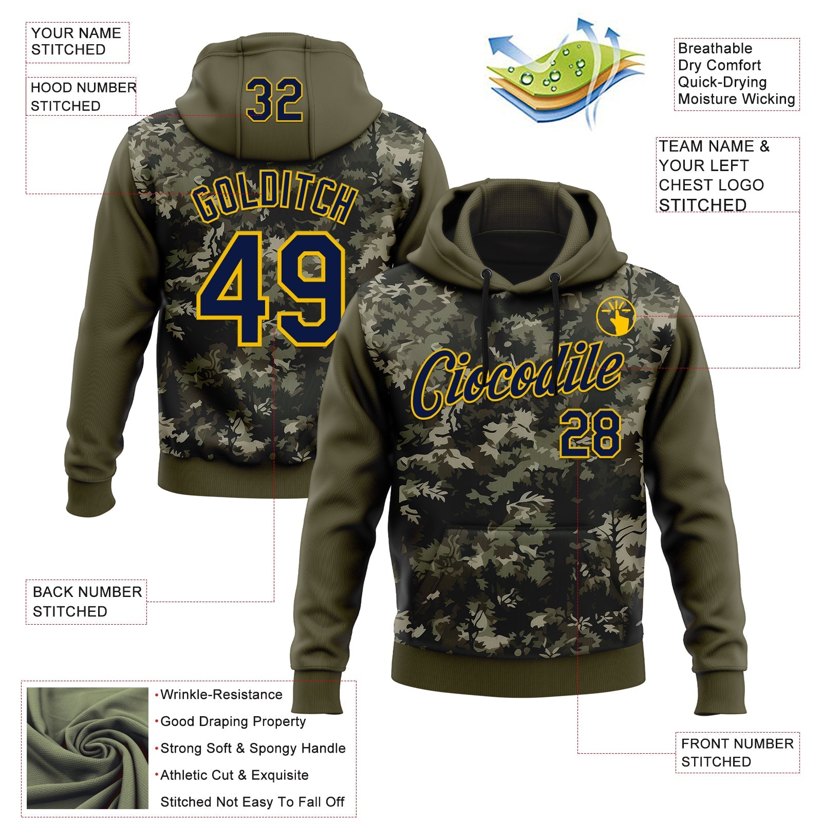 Custom Stitched Olive Navy-Yellow 3D Pattern Design Tree Camo Hunting Sports Pullover Sweatshirt Salute To Service Hoodie view 2