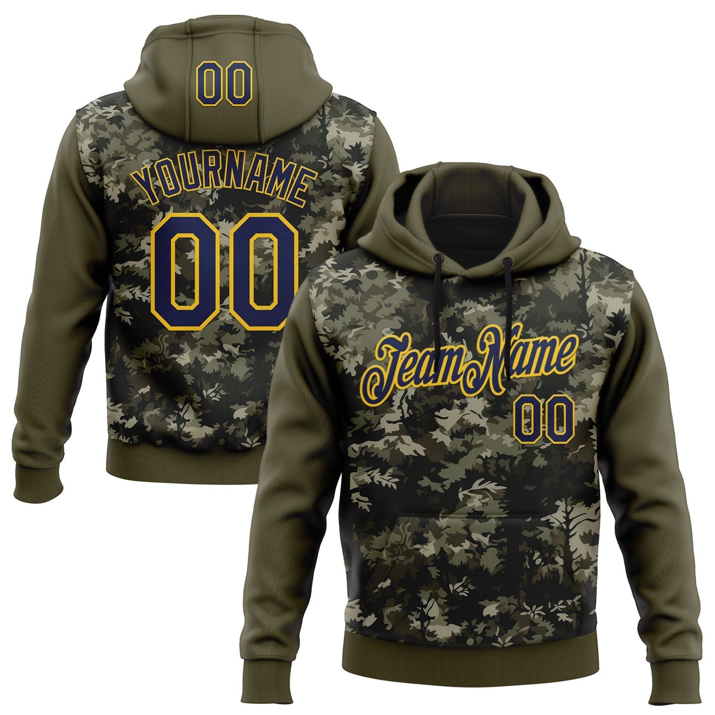 Custom Stitched Olive Navy-Yellow 3D Pattern Design Tree Camo Hunting Sports Pullover Sweatshirt Salute To Service Hoodie - Main View