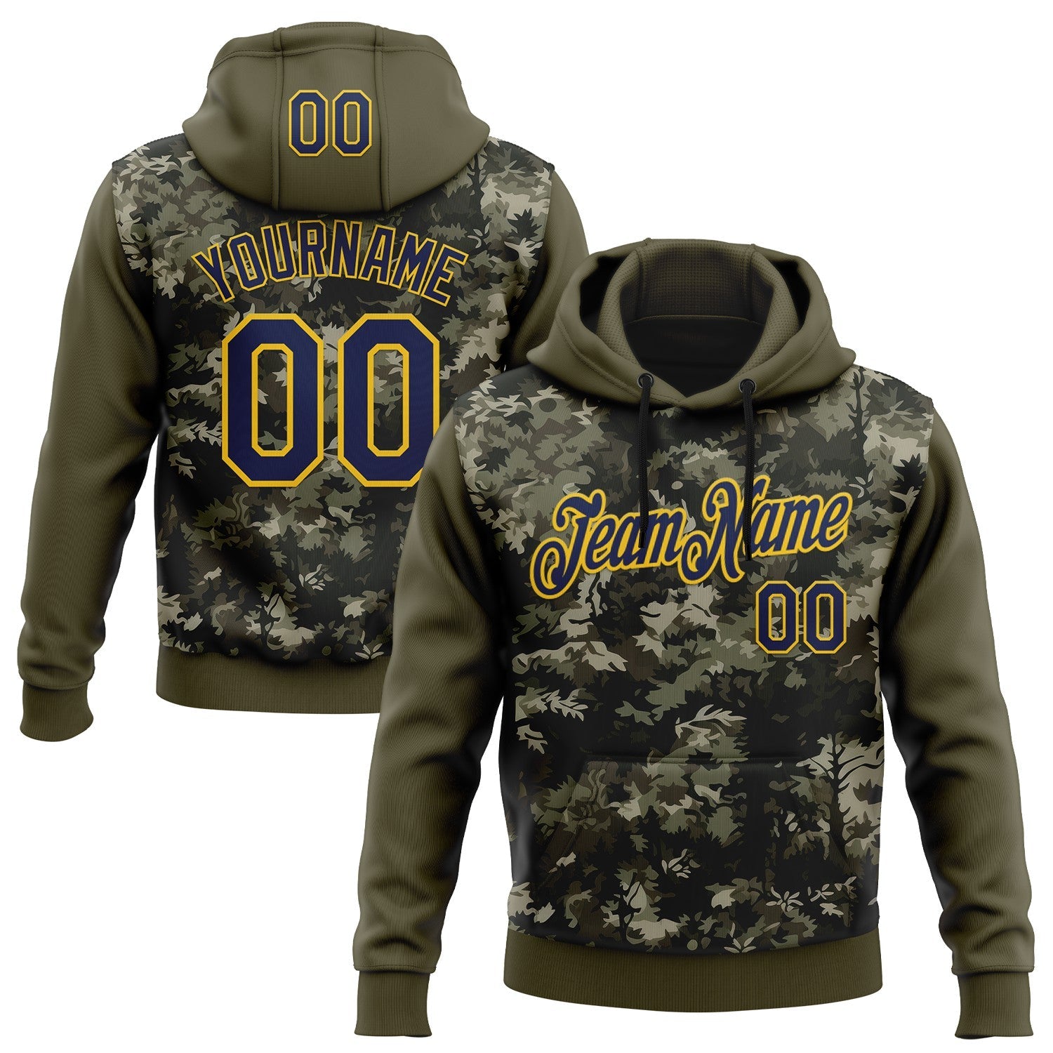 Custom Stitched Olive Navy-Yellow 3D Pattern Design Tree Camo Hunting Sports Pullover Sweatshirt Salute To Service Hoodie - Main View