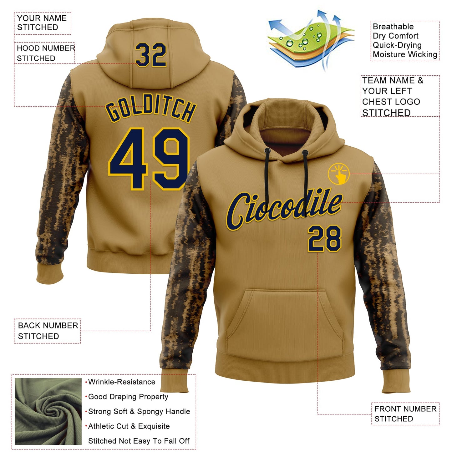 Custom Stitched Old Gold Navy-Yellow 3D Pattern Design Tree Camo Hunting Sports Pullover Sweatshirt Hoodie view 2