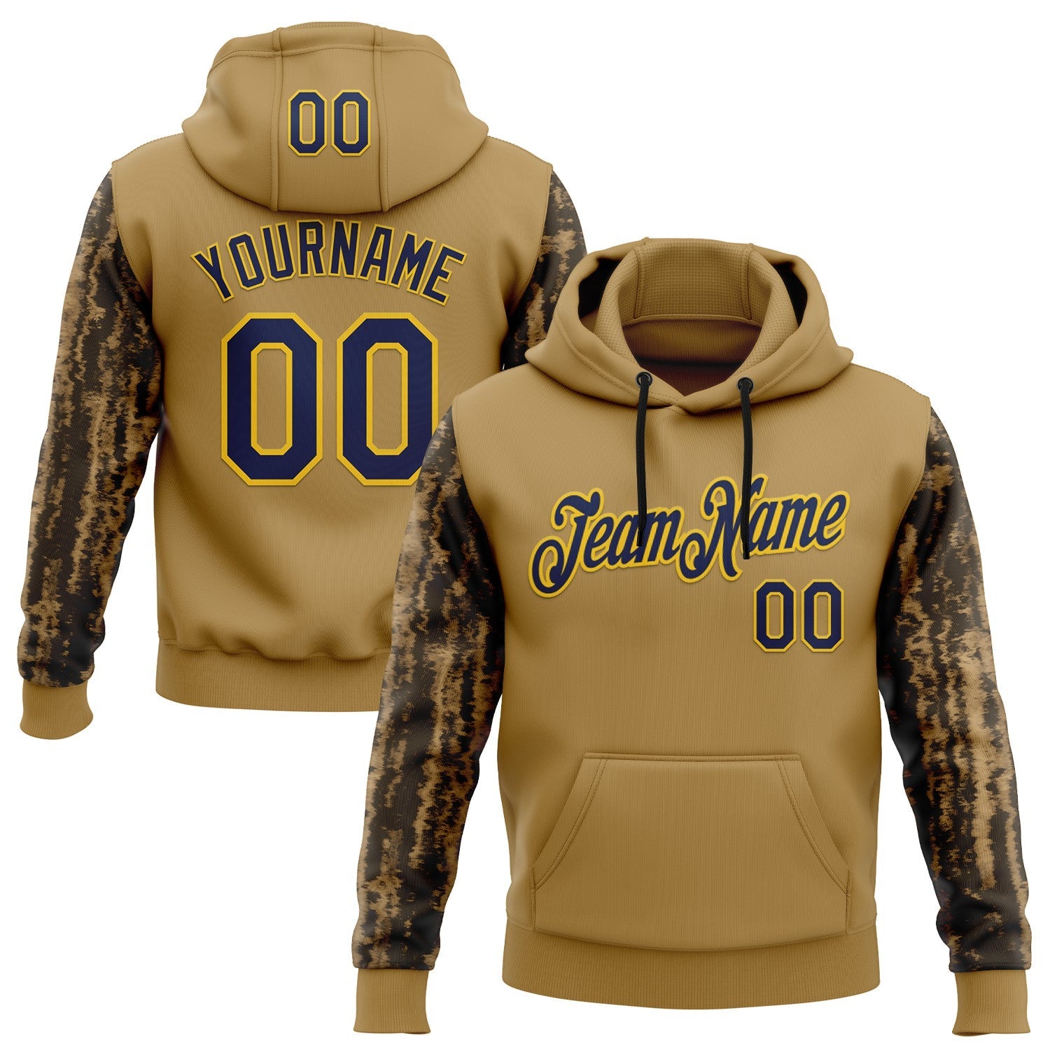 Custom Stitched Old Gold Navy-Yellow 3D Pattern Design Tree Camo Hunting Sports Pullover Sweatshirt Hoodie - Main View