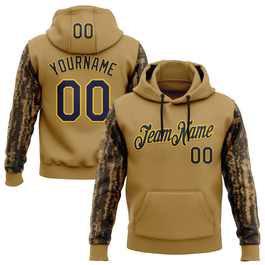 Custom Stitched Old Gold Navy-Yellow 3D Pattern Design Tree Camo Hunting Sports Pullover Sweatshirt Hoodie - Main View