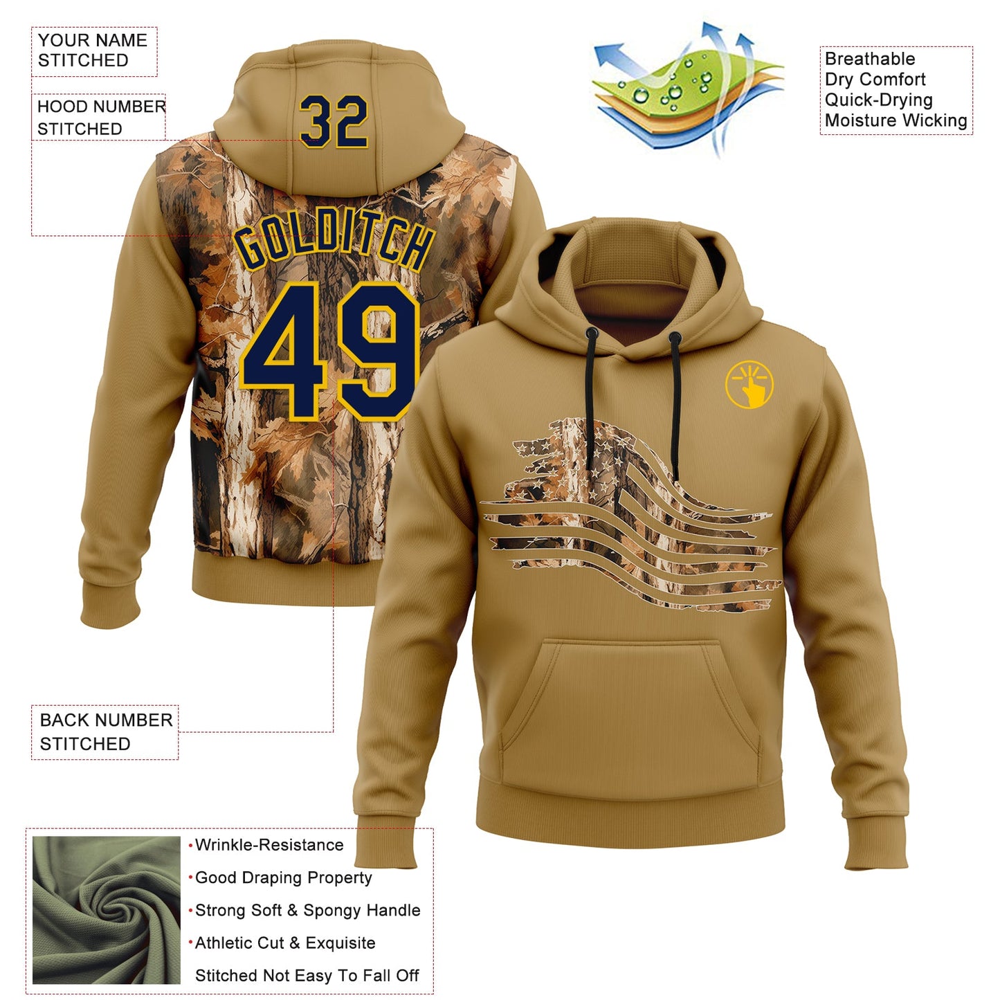 Custom Stitched Old Gold Navy-Yellow 3D Pattern Design Tree Camo American Flag Hunting Sports Pullover Sweatshirt Hoodie view 2