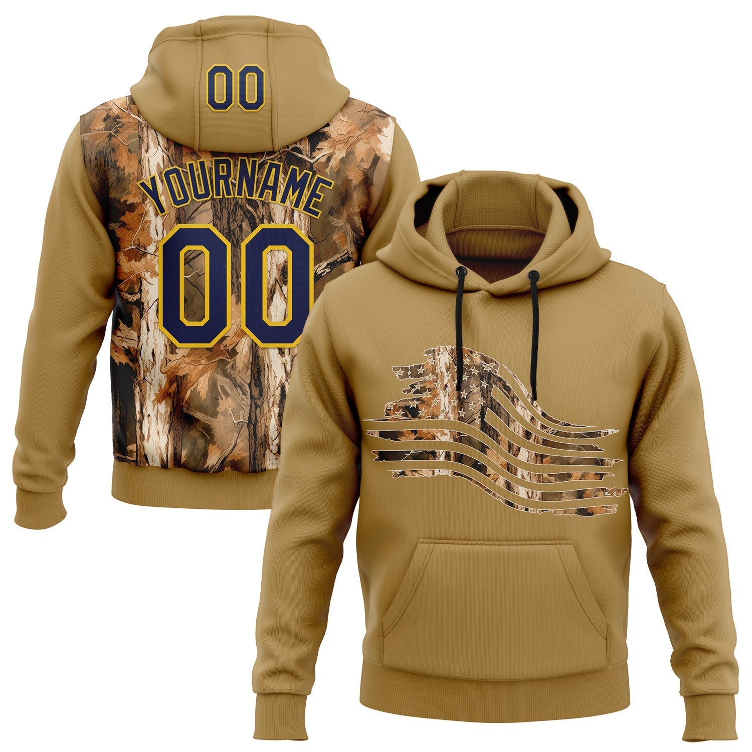 Custom Stitched Old Gold Navy-Yellow 3D Pattern Design Tree Camo American Flag Hunting Sports Pullover Sweatshirt Hoodie - Main View