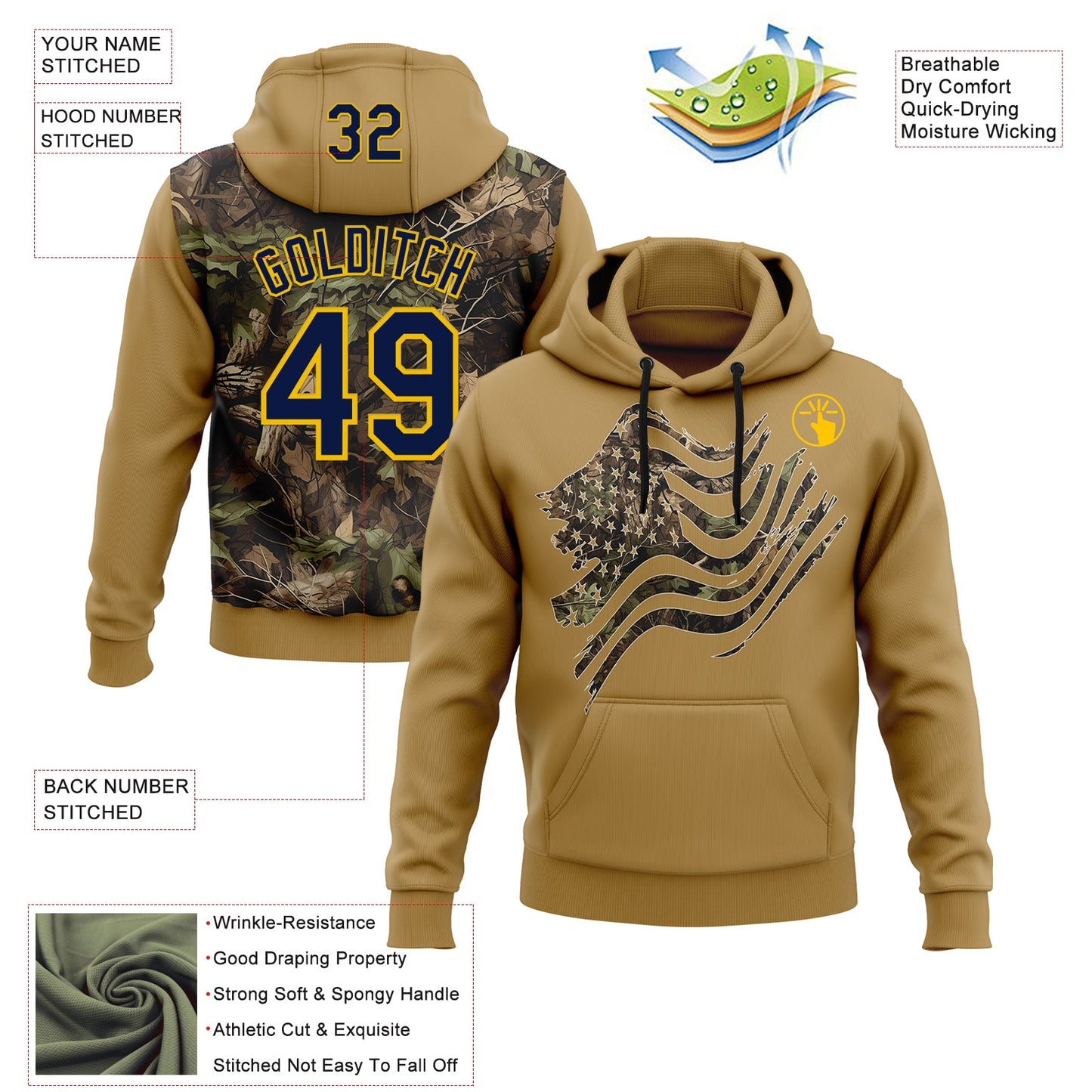 Custom Stitched Old Gold Navy-Yellow 3D Pattern Design Tree Camo American Flag Hunting Sports Pullover Sweatshirt Hoodie view 2