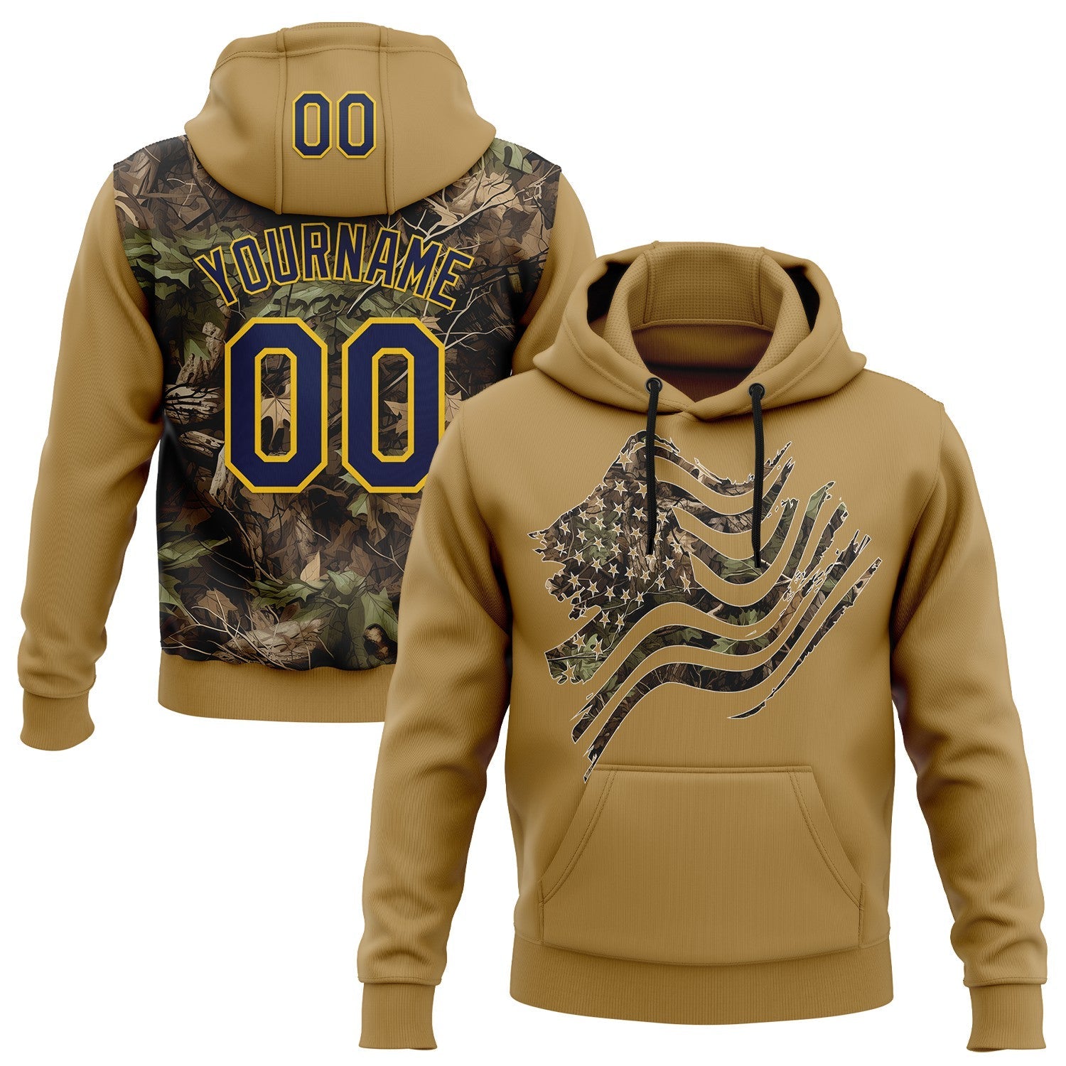 Custom Stitched Old Gold Navy-Yellow 3D Pattern Design Tree Camo American Flag Hunting Sports Pullover Sweatshirt Hoodie - Main View