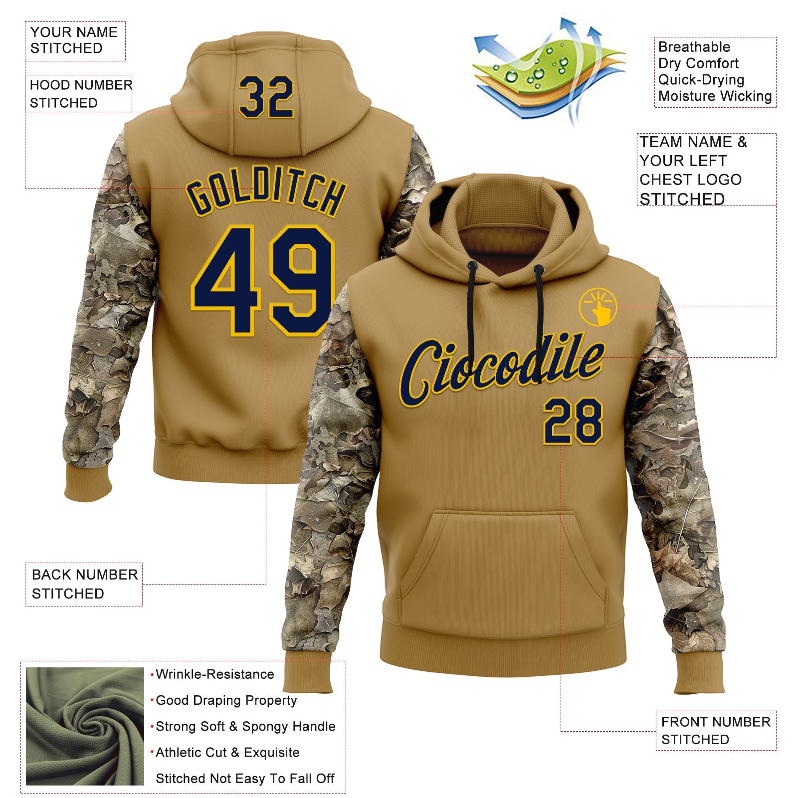 Custom Stitched Old Gold Navy-Yellow 3D Pattern Design Tree Camo Hunting Sports Pullover Sweatshirt Hoodie view 2