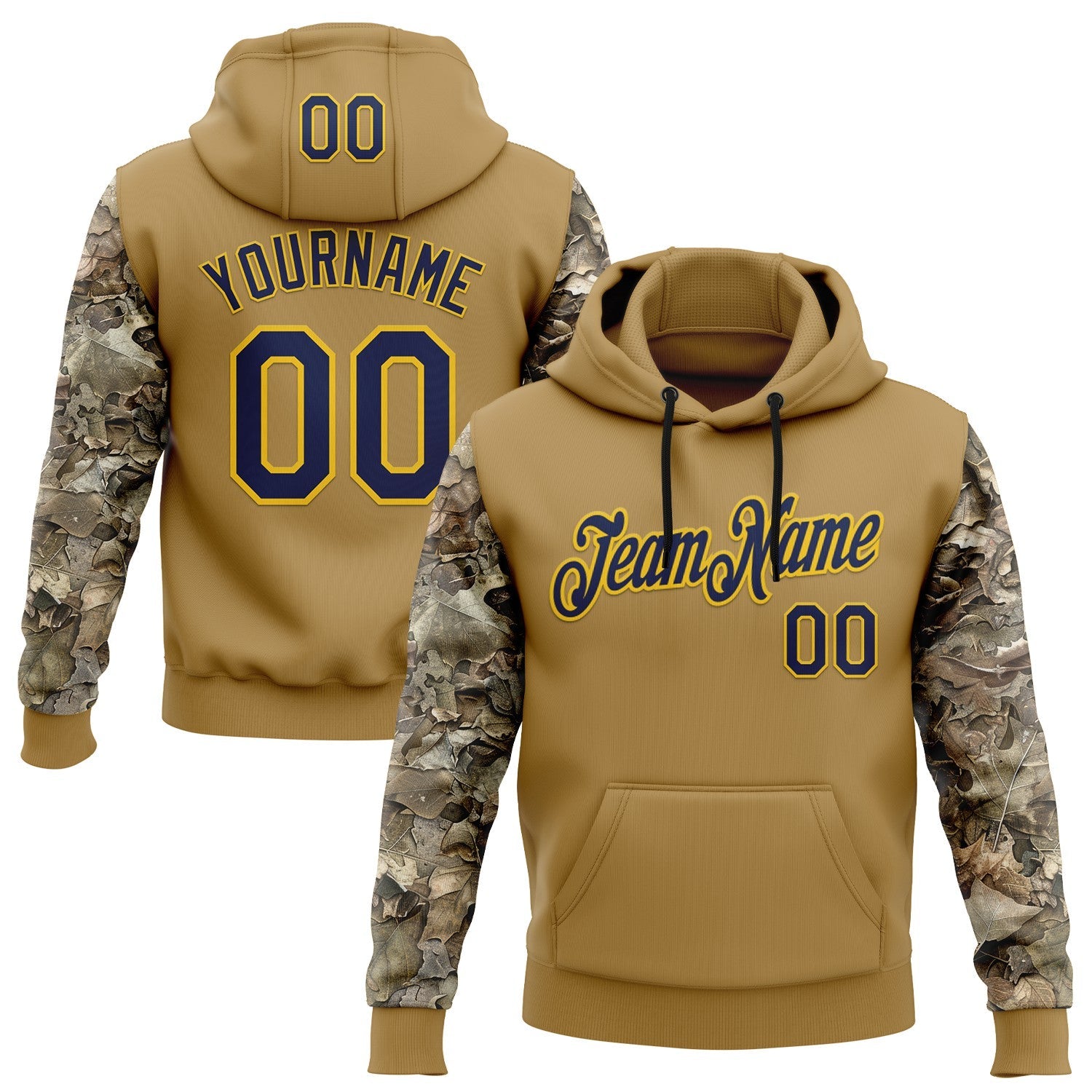 Custom Stitched Old Gold Navy-Yellow 3D Pattern Design Tree Camo Hunting Sports Pullover Sweatshirt Hoodie - Main View