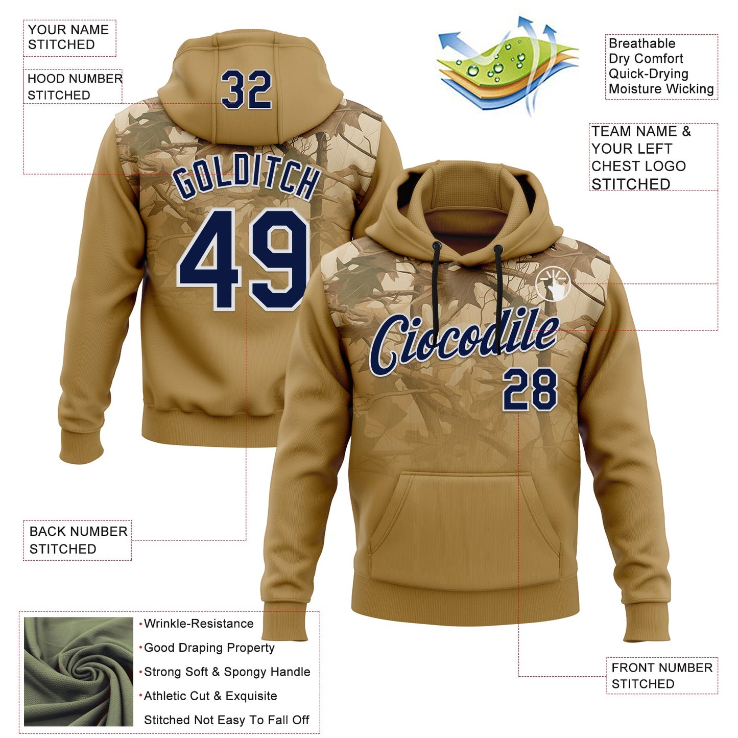 Custom Stitched Old Gold Navy-White 3D Pattern Design Tree Camo Hunting Sports Pullover Sweatshirt Hoodie view 2