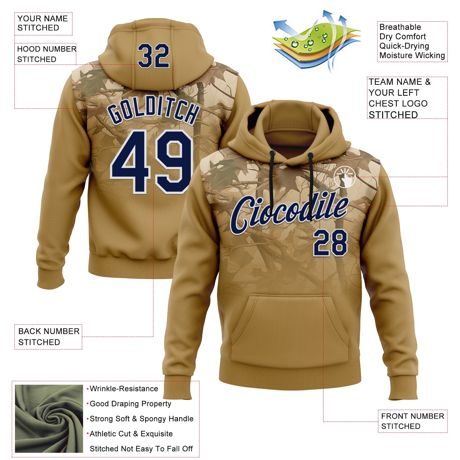 Custom Stitched Old Gold Navy-White 3D Pattern Design Tree Camo Hunting Sports Pullover Sweatshirt Hoodie view 2