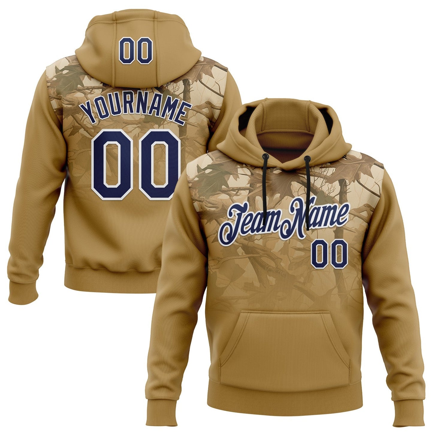 Custom Stitched Old Gold Navy-White 3D Pattern Design Tree Camo Hunting Sports Pullover Sweatshirt Hoodie - Main View