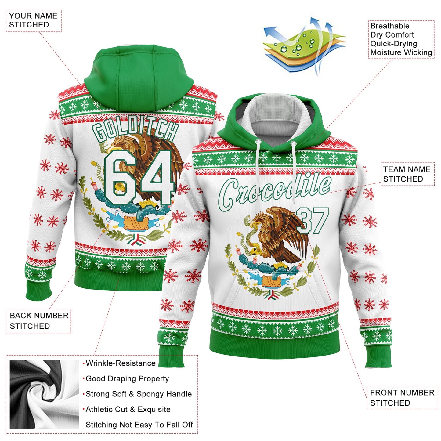 Custom Stitched Kelly Green White-Red 3D Mexican Flag Sports Pullover Sweatshirt Hoodie view 2