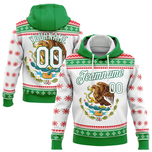 Custom Stitched Kelly Green White-Red 3D Mexican Flag Sports Pullover Sweatshirt Hoodie - Main View