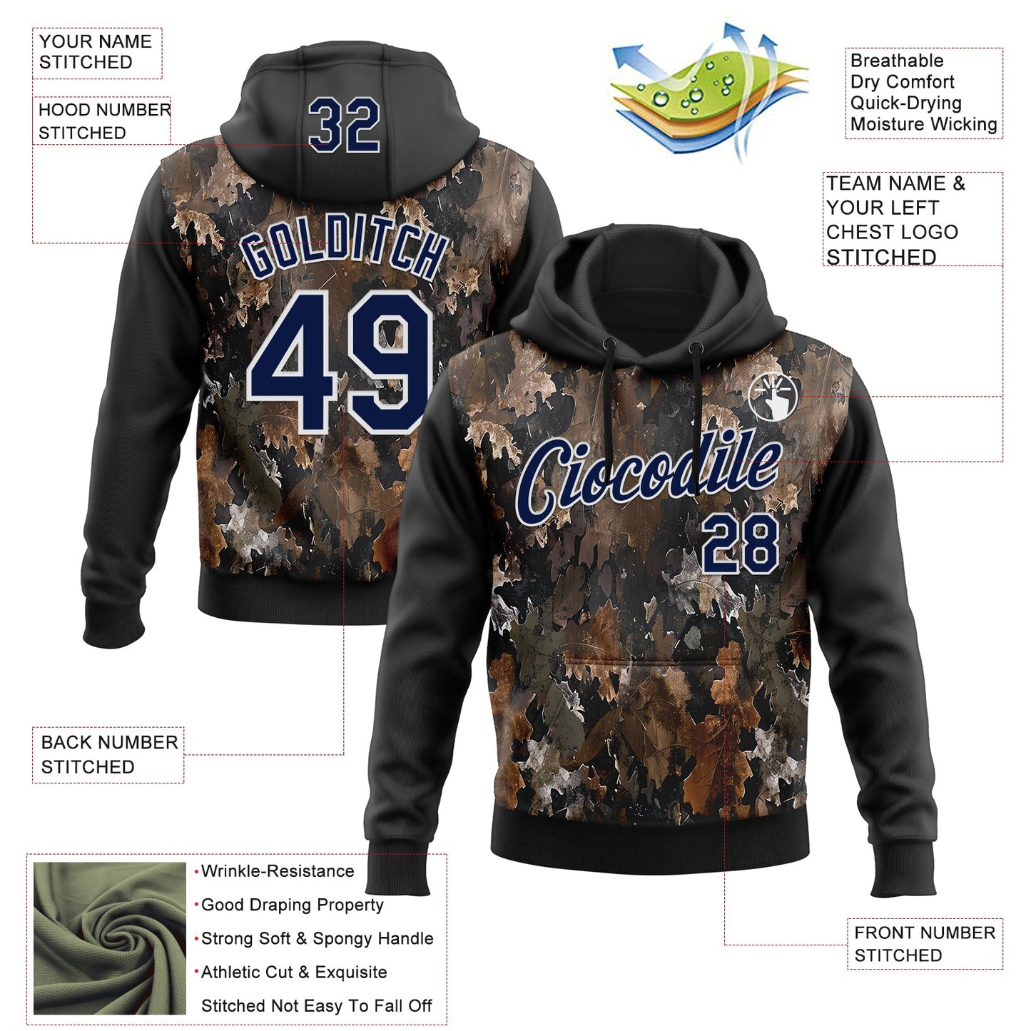 Custom Stitched Black Navy-White 3D Pattern Design Tree Camo Hunting Sports Pullover Sweatshirt Hoodie view 2