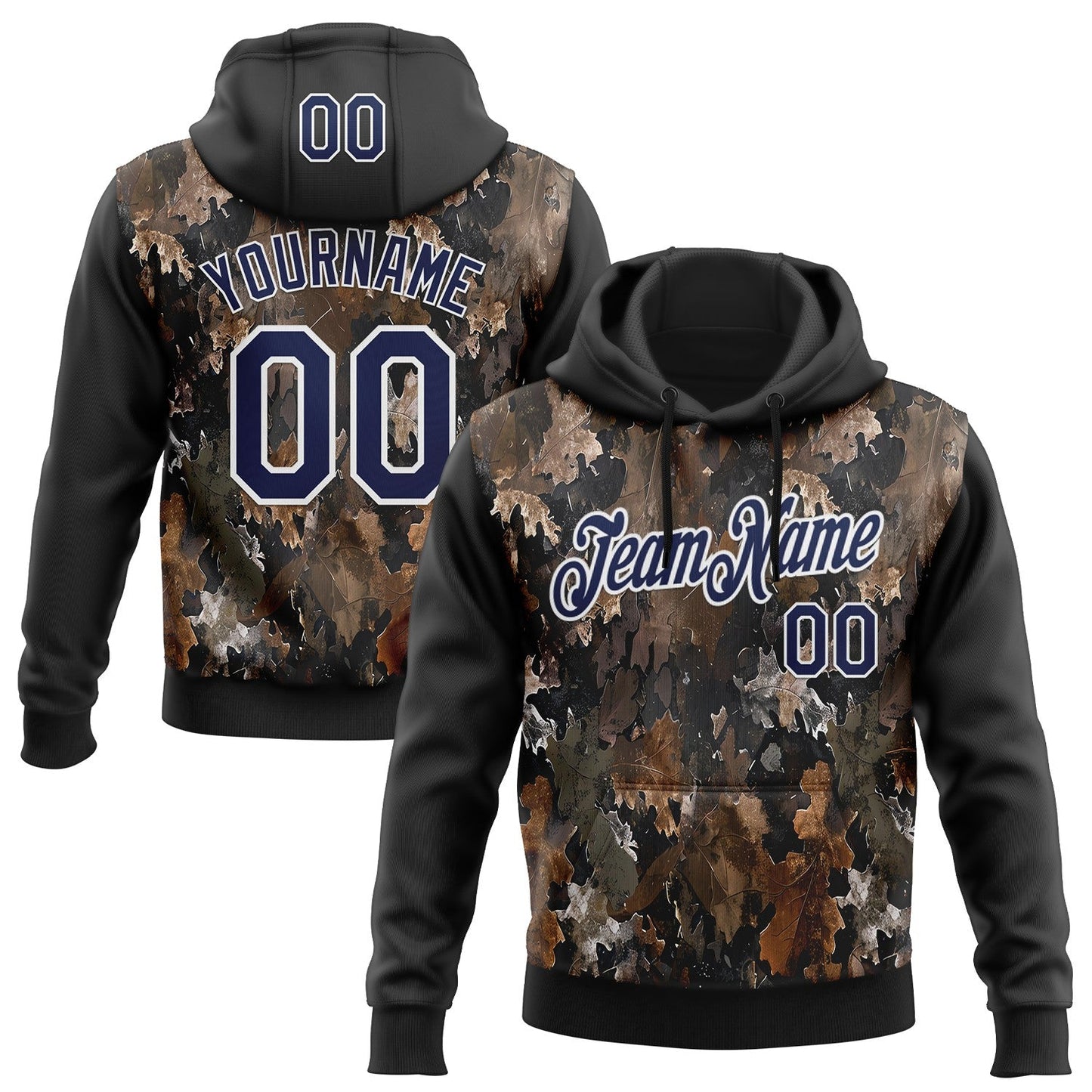 Custom Stitched Black Navy-White 3D Pattern Design Tree Camo Hunting Sports Pullover Sweatshirt Hoodie - Main View