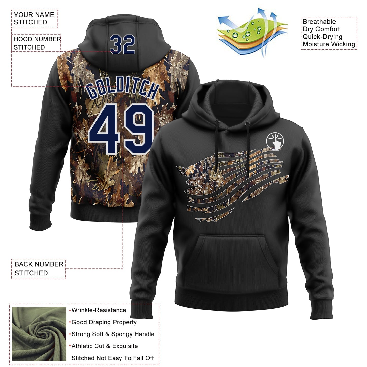 Custom Stitched Black Navy-White 3D Pattern Design Tree Camo American Flag Hunting Sports Pullover Sweatshirt Hoodie view 2