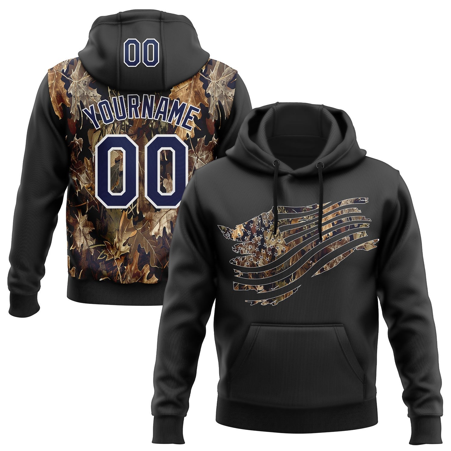 Custom Stitched Black Navy-White 3D Pattern Design Tree Camo American Flag Hunting Sports Pullover Sweatshirt Hoodie - Main View