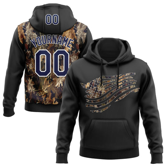 Custom Stitched Black Navy-White 3D Pattern Design Tree Camo American Flag Hunting Sports Pullover Sweatshirt Hoodie - Main View