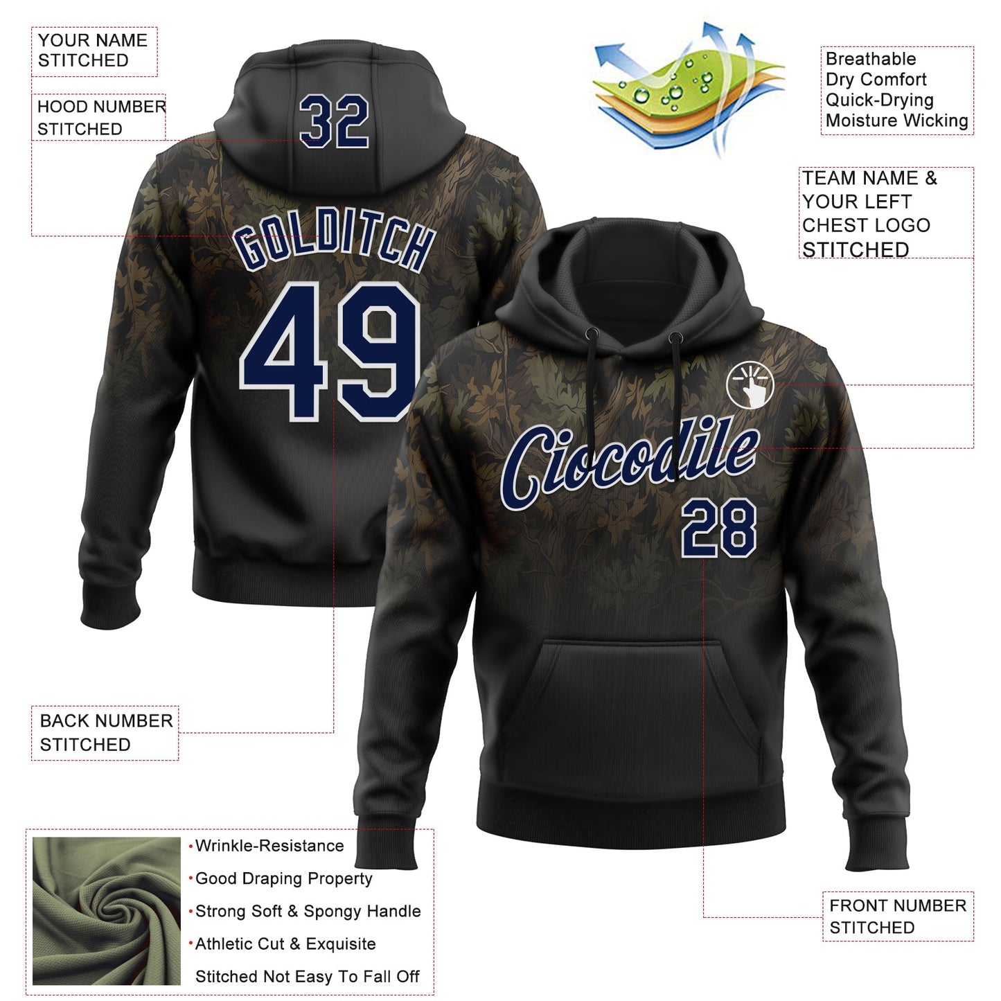 Custom Stitched Black Navy-White 3D Pattern Design Tree Camo Hunting Sports Pullover Sweatshirt Hoodie view 2