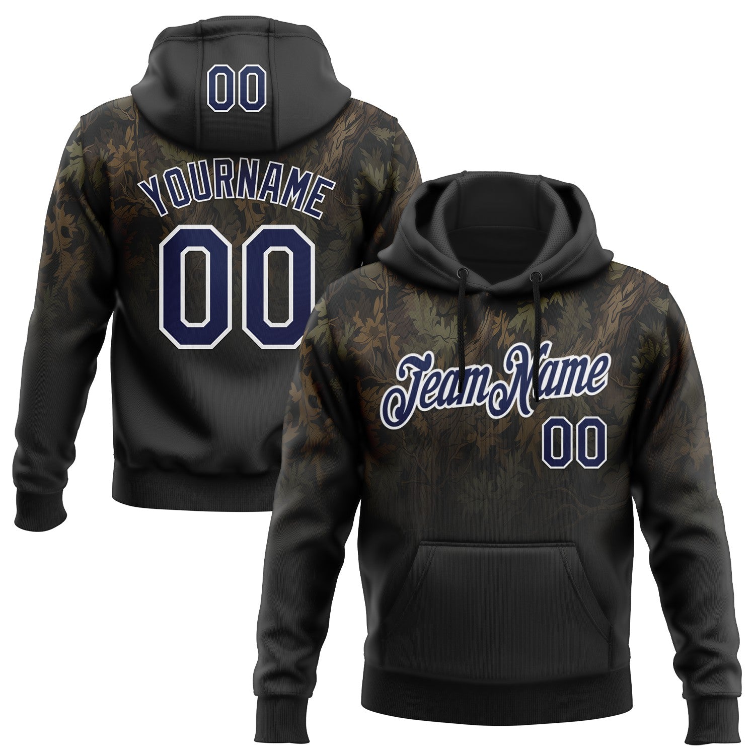 Custom Stitched Black Navy-White 3D Pattern Design Tree Camo Hunting Sports Pullover Sweatshirt Hoodie - Main View