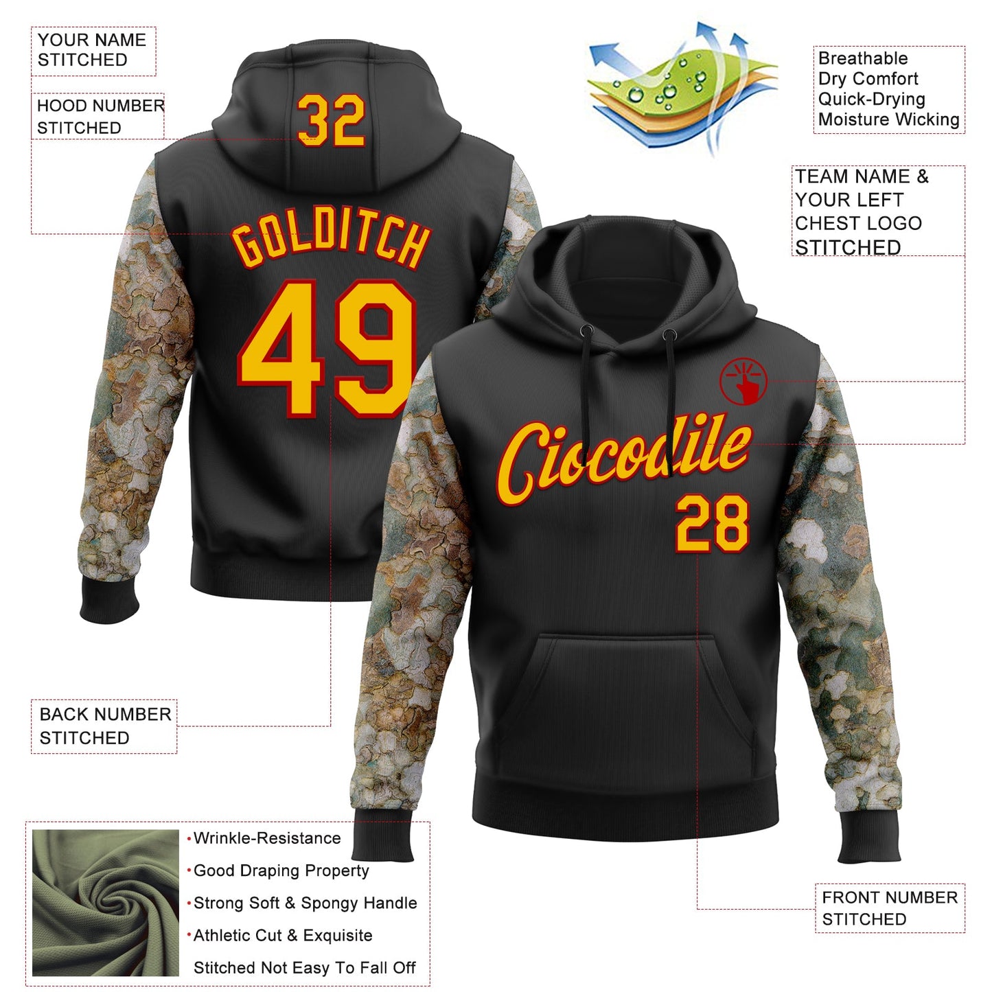 Custom Stitched Black Yellow-Red 3D Pattern Design Tree Camo Hunting Sports Pullover Sweatshirt Hoodie view 2